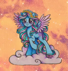 Size: 2436x2553 | Tagged: safe, artist:dariarchangel, derpibooru import, oc, oc:camellia, pegasus, pony, g4, big eyes, blue coat, blushing, bow, cloud, colored wings, cute, female, floral head wreath, flower, image, jpeg, long hair, long mane, long tail, multicolored hair, multicolored mane, multicolored tail, multicolored wings, ocbetes, on a cloud, pegasus oc, purple eyes, raised hoof, ribbon, sky, smiling, sparkles, spread wings, standing, standing on a cloud, standing on three hooves, tail, tail bow, two toned hair, two toned mane, two toned tail, two toned wings, wavy hair, wavy mane, wavy tail, wings