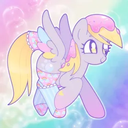 Size: 1750x1750 | Tagged: safe, artist:vivian reed, derpibooru import, derpy hooves, pegasus, pony, g4, clothes, colored wings, cute, derpabetes, female, food, frosting, gradient background, image, jpeg, mare, multicolored wings, no pupils, rainbow background, smiling, socks, solo, spread wings, stockings, thigh highs, toeless legwear, wings