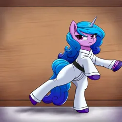 Size: 1024x1024 | Tagged: safe, ai content, derpibooru import, machine learning generated, prompter:jasonthesuperior, izzy moonbow, pony, unicorn, g5, angry, bipedal, black belt, bracelet, clothes, female, gi, horn, image, jewelry, jpeg, mare, martial arts, standing, standing on one leg