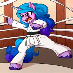 Size: 1024x1024 | Tagged: safe, ai content, derpibooru import, machine learning generated, prompter:jasonthesuperior, izzy moonbow, pony, unicorn, g5, angry, bipedal, black belt, clothes, female, gi, horn, image, jpeg, judo, karate, mare, martial arts