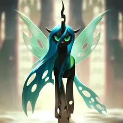 Size: 2880x2880 | Tagged: safe, ai content, derpibooru import, machine learning generated, prompter:derp621, stable diffusion, queen chrysalis, g4, blurry background, fangs, front view, generator:pony diffusion v6 xl, image, jpeg, looking at you, slit pupils, solo, spread wings, wings