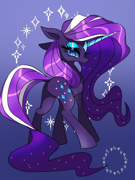 Size: 1200x1600 | Tagged: safe, artist:stacy_165cut, derpibooru import, nightmare rarity, rarity, pony, unicorn, g4, blue eyes, blue eyeshadow, blue sclera, butt, coat markings, colored horn, colored sclera, concave belly, eyelashes, eyeshadow, facial markings, female, floppy ears, flowing mane, flowing tail, frown, gradient background, gradient mane, gradient tail, horn, image, jpeg, lidded eyes, long eyelashes, long horn, long mane, long tail, looking back, makeup, mare, plot, purple coat, rearity, shiny eyelashes, shiny mane, shiny tail, slender, slit pupils, solo, sparkles, sparkly mane, sparkly tail, star (coat marking), striped mane, striped tail, tail, thick eyelashes, thin, two toned mane, two toned tail, wall of tags, wavy mane, wavy tail