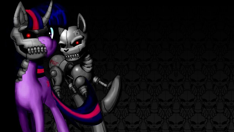 Size: 1280x720 | Tagged: safe, artist:furiousangels_, derpibooru import, twilight sparkle, cyborg, cyborg pony, pony, robot, robot pony, unicorn, g4, duo, female, image, jpeg, mare, red eyes, red eyes take warning, terminator, unicorn twilight