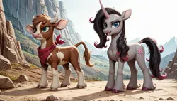 Size: 2560x1456 | Tagged: safe, ai content, derpibooru import, machine learning generated, prompter:cypher, oleander (tfh), cow, unicorn, them's fightin' herds, arizona (tfh), community related, duo, horn, image, jpeg