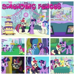 Size: 1280x1280 | Tagged: safe, derpibooru import, edit, edited screencap, screencap, lemon hearts, lyra heartstrings, minuette, moondancer, spike, twilight sparkle, twilight sparkle (alicorn), twinkleshine, alicorn, dragon, earth pony, pony, unicorn, amending fences, g4, season 5, birthday cake, cake, female, food, hat, horn, image, jpeg, male, mare, party hat