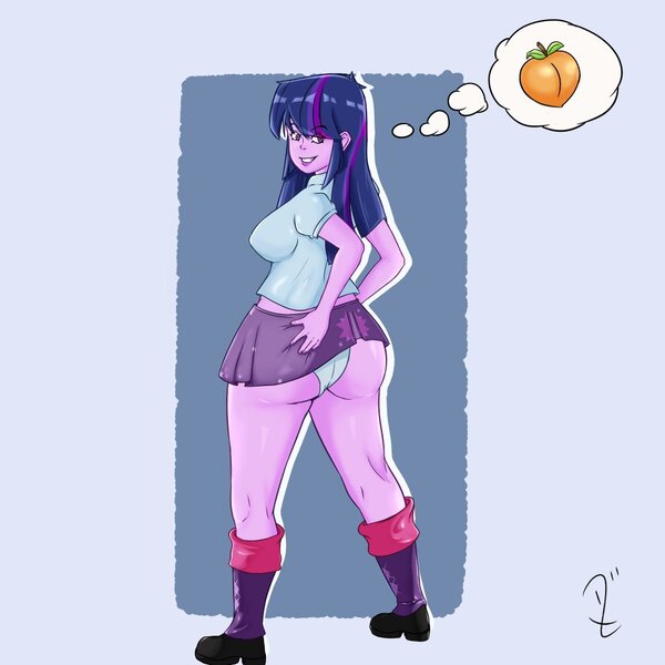 Size: 1000x1000 | Tagged: suggestive, alternate version, artist:xxdparadoxx, derpibooru import, twilight sparkle, human, equestria girls, g4, breasts, butt, clothes, commission, female, food, image, jpeg, panties, passepartout, peach, solo, solo female, thought bubble, twibutt, underwear