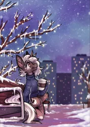 Size: 1679x2374 | Tagged: safe, artist:lonerdemiurge_nail, derpibooru import, oc, pony, unicorn, bench, city, clothes, coffee, coffee cup, cup, evening, horn, image, lights, my little pony, png, snow, snowfall, solo, sweater, winter