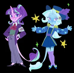 Size: 1441x1426 | Tagged: safe, artist:cellolikescat, derpibooru import, starlight glimmer, trixie, unicorn, equestria girls, armband, black background, clothes, duo, female, females only, hat, high heels, horn, horned humanization, image, jpeg, leonine tail, no pupils, s5 starlight, shoes, simple background, smiling, socks, stockings, tail, thigh highs