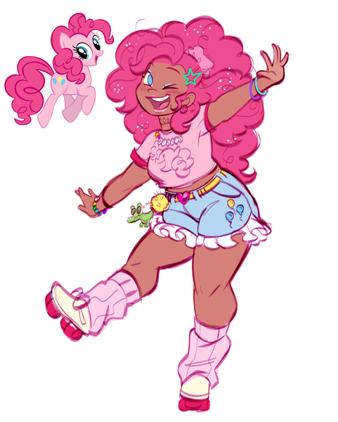 Size: 2600x3245 | Tagged: safe, artist:chibicmps, derpibooru import, gummy, pinkie pie, crocodile, human, pony, g4, blushing, bracelet, clothes, cute, cutie mark, cutie mark on clothes, dark skin, diapinkes, eyeshadow, female, hairpin, high res, humanized, image, jewelry, leg warmers, lipstick, looking at you, makeup, mare, midriff, no pupils, one eye closed, open mouth, open smile, png, roller skates, scrunchie, shirt, shorts, simple background, skates, smiling, smiling at you, standing, standing on one leg, star hairpin, white background, wink, winking at you