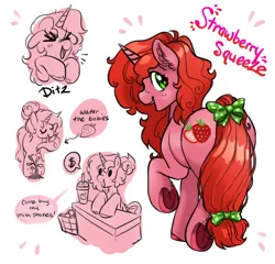 Size: 3938x3778 | Tagged: safe, artist:opalacorn, derpibooru import, oc, oc:strawberry squeeze, unofficial characters only, pony, unicorn, bow, butt, commission, dollar sign, drink, eyes closed, female, floppy ears, freckles, horn, image, jpeg, looking at you, looking back, looking back at you, mare, milkshake, open mouth, open smile, plants, plot, simple background, smiling, smiling at you, solo, tail, tail bow, watering, watering can, white background