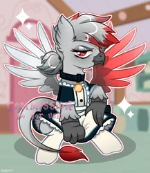 Size: 1920x2212 | Tagged: safe, artist:scarffist, derpibooru import, oc, unofficial characters only, gryphon, clothes, commission, female, image, light skin, long tail, maid, png, red eyes, short hair, socks, solo, sparkles, stockings, tail, thigh highs, wings, ych result