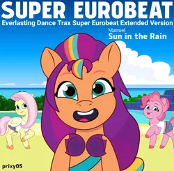 Size: 1194x1168 | Tagged: safe, artist:edy_january, artist:prixy05, derpibooru import, fluttershy, pinkie pie, sunny starscout, earth pony, pegasus, pony, g4, g5, my little pony: tell your tale, album, album cover, beach, clothes, denim, eurobeat, g4 to g5, generation leap, image, initial d, jeans, manuel, music, pants, png, short pants, song, soundtrack, sun in the rain (song), tanktop