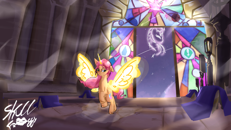 Size: 3840x2160 | Tagged: safe, artist:skullfroggy, derpibooru import, sunny starscout, alicorn, earth pony, pony, g5, my little pony: a new generation, image, jpeg, lidded eyes, looking down, race swap, signature, solo, spread wings, stained glass, sunny starscout's mother, sunnycorn, wings