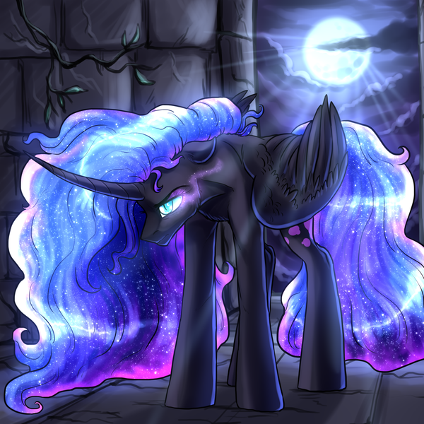 Size: 2048x2048 | Tagged: safe, artist:not-ordinary-pony, derpibooru import, nightmare moon, alicorn, pony, castle of the royal pony sisters, derpibooru exclusive, ethereal mane, female, glow, glowing eyes, glowing mane, head down, image, mare, moon, night, png, solo, starry mane