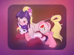 Size: 3352x2510 | Tagged: oc name needed, suggestive, alternate version, artist:itssim, derpibooru import, oc, unofficial characters only, pony, unicorn, blushing, clothes, commission, curved horn, duo, duo female, female, flower, flower in hair, horn, image, lesbian, lying down, mare, oc x oc, panties, png, shipping, side, smiling, socks, stockings, tail, tail wrap, thigh highs, underwear, unicorn oc