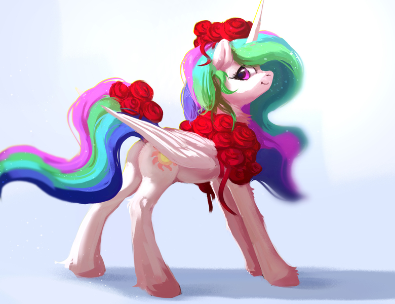 Size: 2910x2238 | Tagged: safe, artist:itssim, derpibooru import, princess celestia, alicorn, pony, g4, butt, chest fluff, cute, cutelestia, female, flower, flower in hair, flower in tail, folded wings, high res, horn, image, jpeg, looking at you, looking back, looking back at you, mare, plot, rose, smiling, smiling at you, solo, sunbutt, tail, wings