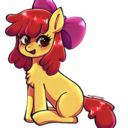 Size: 1600x1600 | Tagged: safe, alternate version, artist:mugencony, derpibooru import, apple bloom, earth pony, pony, blushing, chest fluff, female, filly, foal, image, jpeg, open mouth, simple background, sitting, smiling, solo, white background