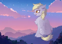 Size: 2139x1536 | Tagged: safe, artist:maxi_ponie, derpibooru import, derpy hooves, pegasus, pony, chest fluff, cloud, female, folded wings, image, jpeg, mare, mountain, open mouth, open smile, outdoors, signature, sitting, sky, smiling, solo, tail, wings