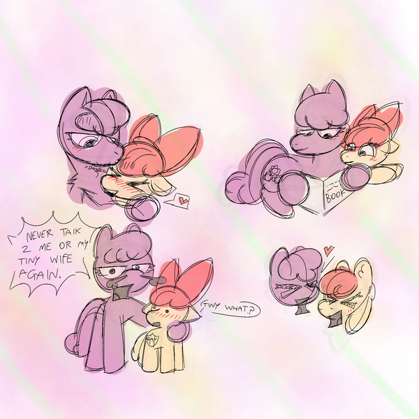 Size: 2048x2048 | Tagged: safe, artist:blossomeclipse, derpibooru import, apple bloom, cheerilee, earth pony, pony, age difference, apple bloom's bow, blushing, book, bow, cheeribloom, cutie mark, dialogue, doodle, dot eyes, duo, female, filly, foal, forehead kiss, hair bow, heart, image, kissing, lesbian, mare, png, reading, reddit url, shipping, sketch, smiling, snorting, student and teacher, teacher and student, text, yelling