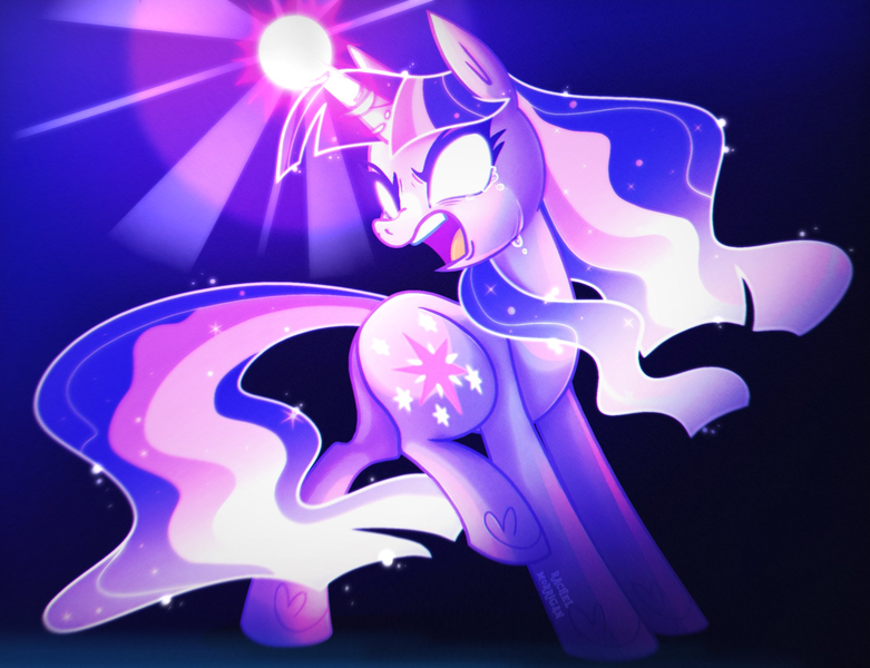 Size: 2048x1574 | Tagged: safe, artist:rachel-morrigan, derpibooru import, twilight sparkle, pony, unicorn, g4, angry, blank eyes, charging, crying, female, full body, glow, glowing eyes, horn, image, magic, mare, open mouth, png, signature, solo, unicorn twilight, vent art