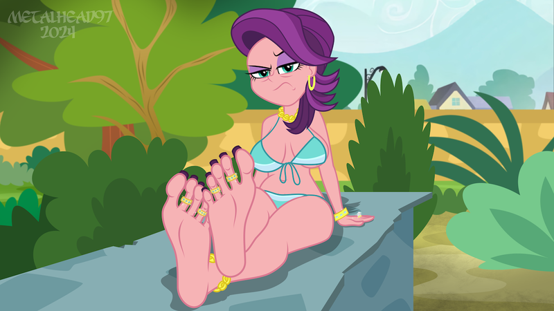 Size: 1280x720 | Tagged: suggestive, artist:metalhead97, derpibooru import, spoiled rich, human, equestria girls, g4, annoyed, big breasts, bra, bracelet, breasts, busty spoiled rich, cleavage, clothes, crossed legs, diamond, ear piercing, earring, equestria girls specials, equestria girls-ified, extra toe, feet, female, fetish, foot fetish, foot focus, garden, hips, humanized, image, jewelry, legs, long toenails, looking at you, milf, nail polish, necklace, outdoors, panties, piercing, png, pose, ring, short hair, show accurate, solo, spoiled milf, stupid sexy spoiled rich, swimsuit, toe ring, toenail polish, toenails, toes, underwear