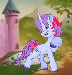 Size: 564x590 | Tagged: safe, artist:oljapisanik, derpibooru import, sparkler (g1), pony, unicorn, g1, g5, bow, female, g1 to g5, generation leap, horn, image, jpeg, mare, solo, tail, tail bow, unshorn fetlocks