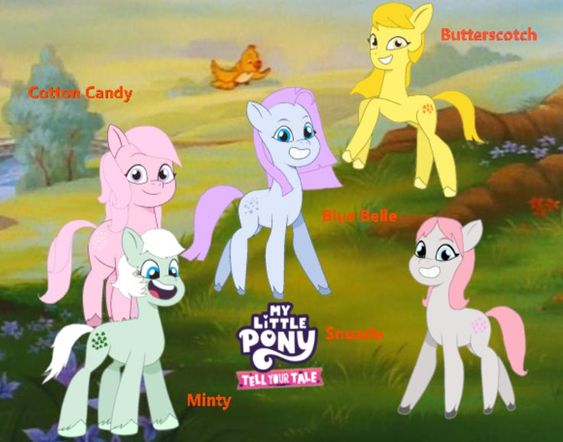 Size: 563x442 | Tagged: safe, artist:oljapisanik, derpibooru import, blossom, blue belle, butterscotch (g1), cotton candy (g1), minty (g1), snuzzle, earth pony, pony, g1, g5, my little pony: tell your tale, female, g1 to g5, generation leap, image, jpeg, mare, original six