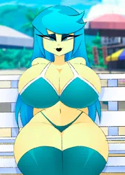 Size: 1400x1950 | Tagged: suggestive, artist:xan-gelx, auntie lofty, equestria girls, beach, beach babe, bedroom eyes, bench, bikini, breasts, busty auntie lofty, clothes, cougar, equestria girls-ified, image, jpeg, sitting, smiling, swimsuit, two piece swimsuit, wasp waist, wide hips