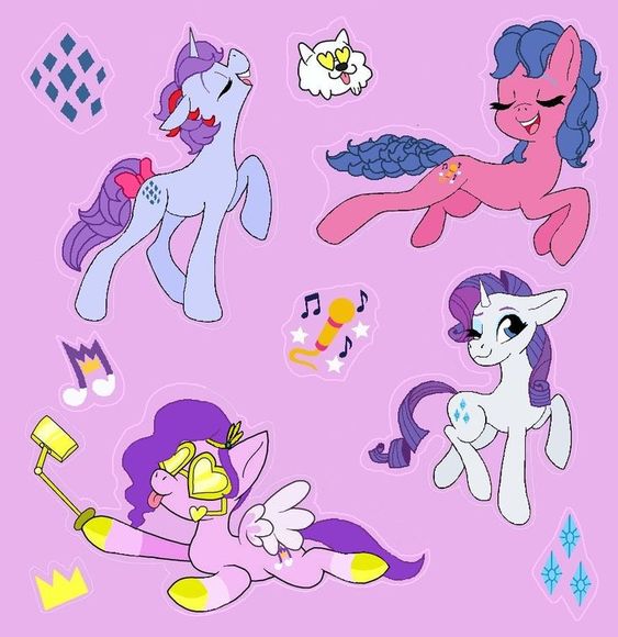 Size: 563x580 | Tagged: safe, artist:naomi romero, artist:oljapisanik, derpibooru import, cloudpuff, melody, pipp petals, rarity, sparkler (g1), dog, earth pony, pegasus, pony, unicorn, g1, g4, g5, my little pony tales, cutie mark, eyes closed, female, g1 to g5, g4 to g5, generation leap, glasses, heart shaped glasses, horn, image, jpeg, looking at you, mare, mobile phone, one eye closed, phone, pipp and her heroine, recolor, tongue out, winged dog, wings, wink, winking at you