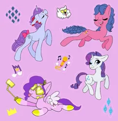 Size: 563x580 | Tagged: safe, artist:naomi romero, artist:oljapisanik, derpibooru import, cloudpuff, melody, pipp petals, rarity, sparkler (g1), dog, earth pony, pegasus, pony, unicorn, g1, g4, g5, my little pony tales, cutie mark, eyes closed, female, g1 to g5, g4 to g5, generation leap, glasses, heart shaped glasses, horn, image, jpeg, looking at you, mare, mobile phone, one eye closed, phone, pipp and her heroine, recolor, tongue out, winged dog, wings, wink, winking at you