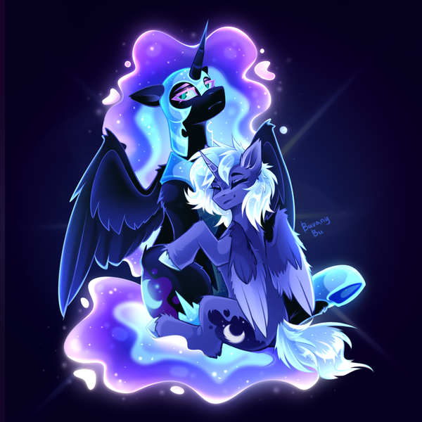 Size: 4134x4134 | Tagged: safe, artist:buvanybu, derpibooru import, nightmare moon, princess luna, alicorn, pony, g4, blue background, blue eyes, blue mane, blue tail, cloud, colored pupils, cute, digital art, duo, duo female, ethereal mane, ethereal tail, eyeroll, eyes closed, feather, female, flowing mane, flowing tail, folded wings, glowing hair, glowing hooves, glowing mane, happy, helmet, high res, hoof shoes, horn, hug, image, looking at each other, looking at someone, mare, mother and child, mother and daughter, night, peytral, png, princess shoes, self paradox, self ponidox, signature, simple background, sitting, smiling, solo, sparkles, spread wings, stars, tail, unshorn fetlocks, wings