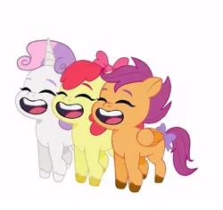 Size: 563x530 | Tagged: safe, artist:oljapisanik, derpibooru import, apple bloom, scootaloo, sweetie belle, earth pony, pegasus, pony, unicorn, g4, g5, my little pony: tell your tale, blank flank, bow, cutie mark crusaders, eyes closed, female, filly, foal, g4 to g5, generation leap, hair bow, horn, image, jpeg, open mouth, tail, tail bow, trio