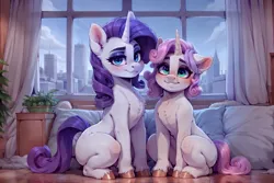 Size: 1200x800 | Tagged: safe, ai content, machine learning generated, prompter:raif, rarity, sweetie belle, pony, unicorn, g4, blushing, duo, duo female, female, females only, horn, image, jpeg, looking at you, nudity