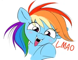 Size: 716x555 | Tagged: safe, artist:coinpo, derpibooru import, rainbow dash, pegasus, pony, fangs, image, laughing, lmao, looking at you, mocking, png, pointing, pointing at you, smiling, smiling at you, solo, tongue out