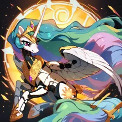 Size: 1024x1024 | Tagged: safe, ai content, derpibooru import, machine learning generated, prompter:jesterofdestiny, stable diffusion, princess celestia, alicorn, android, robot, generator:pony diffusion v6 xl, generator:purplesmart.ai, image, png, solo, sun