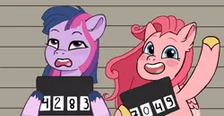 Size: 562x290 | Tagged: safe, artist:oljapisanik, derpibooru import, pinkie pie, twilight sparkle, earth pony, pegasus, g4, g5, barbie mugshot meme, duo, earth pony twilight, g4 to g5, g5 concept leaks, generation leap, image, jpeg, meme, mugshot, pegasus pinkie pie, pinkie pie (g5 concept leak), race swap, twilight sparkle (g5 concept leak), twilight sparkle is not amused, unamused