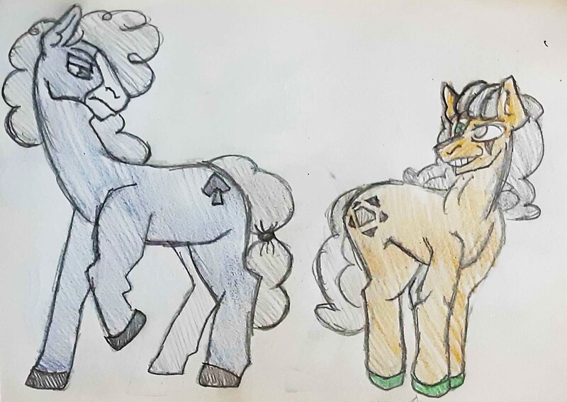 Size: 1878x1334 | Tagged: safe, artist:midday sun, derpibooru import, oc, oc:gentle shadow, oc:lucky card, unofficial characters only, earth pony, pony, image, jpeg, traditional art