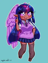 Size: 2550x3300 | Tagged: safe, artist:mylittleyuri, derpibooru import, twilight sparkle, human, alicorn humanization, blue background, blushing, breasts, chibi, clothes, cute, elf ears, female, flats, heart, heart eyes, horn, horned humanization, humanized, image, necktie, open mouth, png, shirt, shoes, simple background, skirt, socks, stockings, sweater vest, thigh highs, twiabetes, wingding eyes, winged humanization, wings