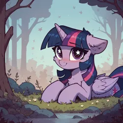 Size: 4608x4608 | Tagged: safe, ai content, derpibooru import, generator:civitai, machine learning assisted, machine learning generated, prompter:paleluna, stable diffusion, twilight sparkle, twilight sparkle (alicorn), alicorn, pony, g4, blushing, female, generator:pony diffusion v6 xl, horn, image, jpeg, looking at you, outdoors, smiling, smiling at you, solo, starry eyes, water, wingding eyes, wings