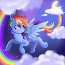 Size: 2048x2048 | Tagged: safe, artist:swirlygalaxy24, derpibooru import, rainbow dash, pegasus, pony, g4, cloud, cute, dashabetes, female, flying, image, jpeg, moon, night, rainbow, sky, sky background, solo, spread wings, wings