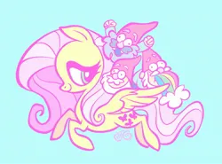 Size: 2048x1516 | Tagged: safe, artist:janegumball, derpibooru import, part of a set, fluttershy, gnome, pegasus, pony, g4, big eyes, big head, blue background, crossover, female, flying, gravity falls, group, image, jpeg, lidded eyes, long mane, long tail, looking at someone, looking back, mare, pink mane, pink tail, profile, puking rainbows, quartet, riding, riding a pony, simple background, smiling, spread wings, striped mane, striped tail, tail, thin, two toned mane, two toned tail, vomit, vomiting, wings, yellow coat