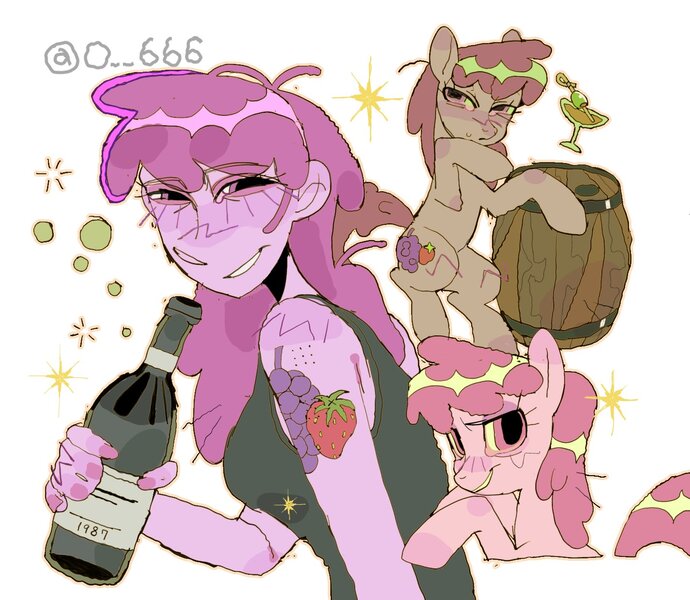 Size: 1425x1240 | Tagged: safe, artist:poneko-chan, derpibooru import, berry punch, berryshine, earth pony, human, pony, g4, alcohol, barrel, big eyes, blush lines, blush scribble, blushing, bottle, bubble, clothes, cutie mark tattoo, drink, drunk, ear blush, emanata, eyelashes, female, frown, hock blush, holding, human paradox, humanized, image, jpeg, keg, knee blush, leg blush, lidded eyes, lighter coat, looking back, mare, martini, nose blush, painted nails, pink coat, pink eyes, pink hair, pink mane, pink nail polish, pink skin, pink tail, raised hoof, raised hooves, self paradox, self ponidox, shiny hair, shiny mane, shiny tail, signature, simple background, sitting, smiling, sparkles, sweat, sweatdrop, tail, tanktop, tattoo, thinking, triality, white background, wine bottle