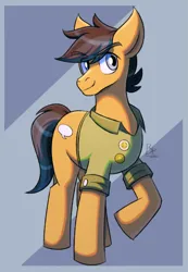 Size: 1383x2000 | Tagged: safe, artist:bkiltersot, derpibooru import, quibble pants, earth pony, pony, g4, blue background, blue eyes, clothes, cutie mark, green shirt, image, looking at you, male, png, raised leg, shirt, simple background, solo, stallion