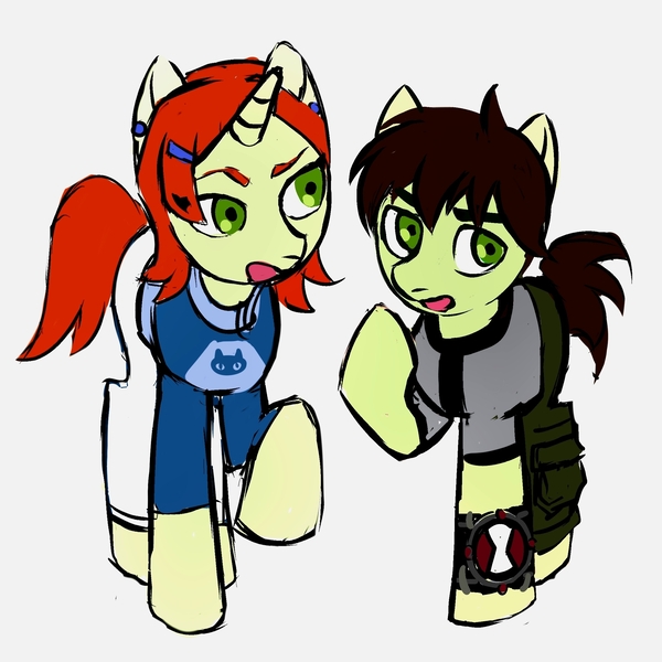 Size: 2362x2362 | Tagged: safe, artist:qianjibahe, derpibooru import, ponified, earth pony, pony, unicorn, ben 10, ben tennyson, clothes, female, filly, foal, gwen tennyson, horn, image, jpeg, omnitrix, simple background, white background