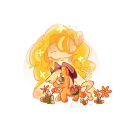 Size: 1536x1536 | Tagged: safe, artist:n apple, derpibooru import, applejack, pear butter, earth pony, pony, apple, eyes closed, female, flower, food, image, mare, mother and child, mother and daughter, png, saddle basket, simple background, text, white background