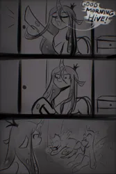 Size: 853x1280 | Tagged: safe, artist:koveliana, queen chrysalis, changeling, changeling queen, /chag/, /mlp/, 3 panel comic, 4chan, black and white, dialogue, door, door slam, drawer, female, grayscale, image, jpeg, looking at each other, monochrome, queen chrysalis is not amused, raised hoof, reaction image, sitting, standing, this is bait, unamused