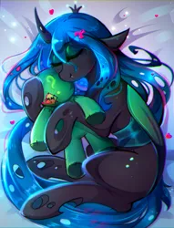 Size: 1207x1580 | Tagged: safe, artist:koveliana, queen chrysalis, changeling, changeling queen, /chag/, /mlp/, 4chan, anon plushie, cuddling, eyes closed, female, heart, image, jpeg, lying down, plushie, solo