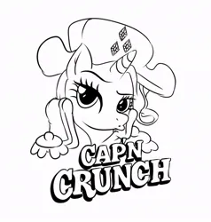 Size: 891x935 | Tagged: safe, artist:ponyfox, rarity, pony, unicorn, black and white, cap'n crunch, duckface, explicit source, grayscale, image, jpeg, monochrome, simple background, trace, white background