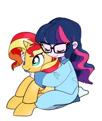 Size: 1600x1900 | Tagged: safe, artist:cheesesauce_45, derpibooru import, sci-twi, sunset shimmer, twilight sparkle, pony, equestria girls, g4, bangs, blush sticker, blushing, clothes, cute, eyebrows, eyelashes, eyes closed, female, glasses, holding a plushie, hug, image, jpeg, long hair, mare, pajamas, pants, plushie, pony plushie, purple skin, sci-twiabetes, shirt, simple background, socks, sunset shimmer plushie, three toned hair, twiabetes, white background