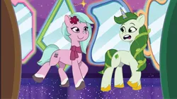 Size: 2400x1350 | Tagged: safe, artist:prixy05, derpibooru import, edit, edited screencap, screencap, g5, my little pony: tell your tale, dahlia, hall-o-marers, image, jpeg, leaf, 莉芙